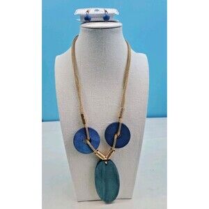 Superstar  Blue Green Wood Bead Gold Tone Chain Statement Necklace & Earring Set